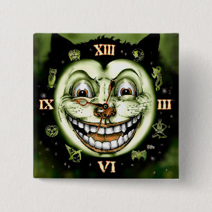 Badge Carré 5 Cm Chat Noir 13 Horloge Folle Halloween Horreur Bouto