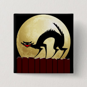 Badge Carré 5 Cm Chat noir d'Halloween avec Pleine lune
