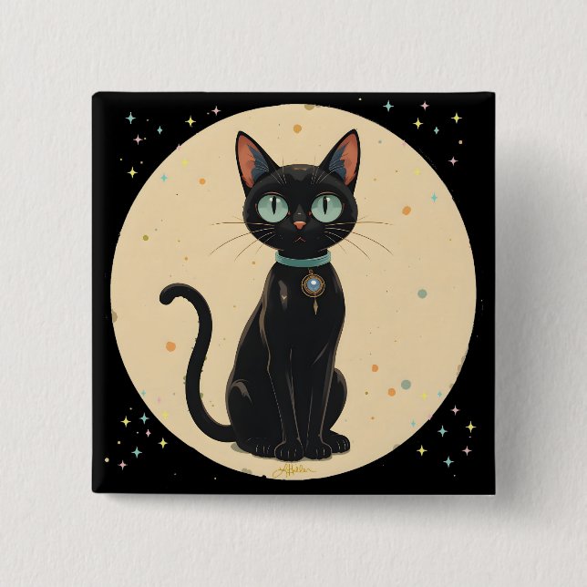 Badge Carré 5 Cm Chat noir futuriste atomique Lune (Devant)