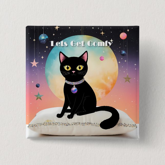Badge Carré 5 Cm Chat Noir - Installons-Nous Confortablement (Devant)