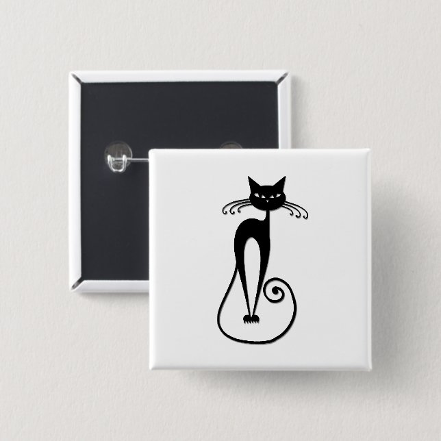Badge Carré 5 Cm Chat noir maigre fantaisiste (Devant & derrière)