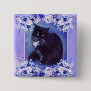 Badge Carré 5 Cm Chat smoking avec fleurs art par Renee