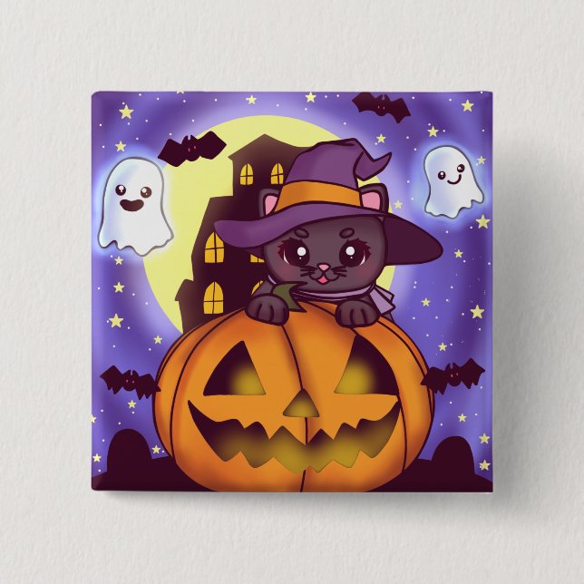 Badge Carré 5 Cm Chat-sorcier d'Halloween (Devant)