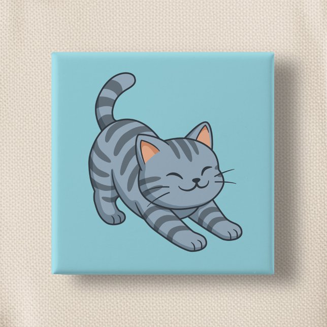 Badge Carré 5 Cm Chat tabby gris étiré bleu (Créateur téléchargé)