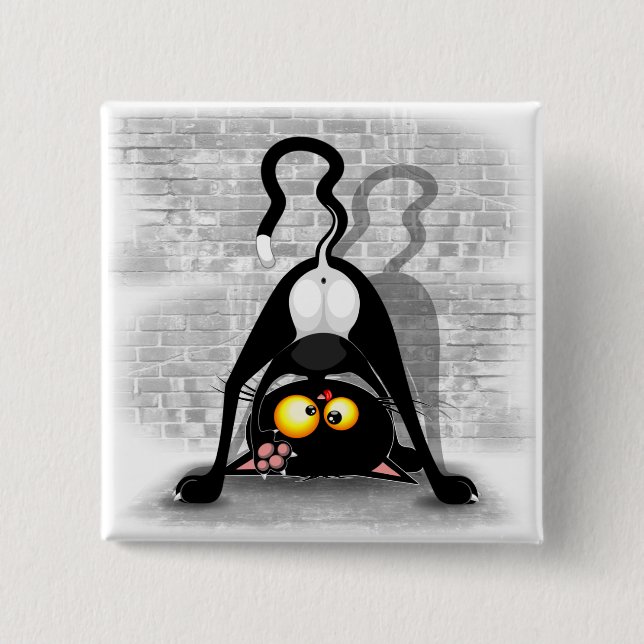 Badge Carré 5 Cm Chat Upside Down Funny Cartoon Caractère (Devant)