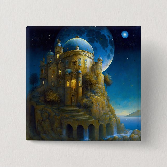 Badge Carré 5 Cm Château Imaginaire Lune Paysage (Devant)