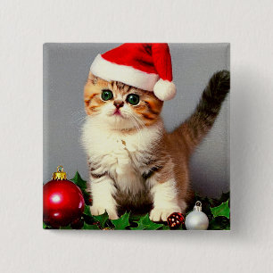 Badge Carré 5 Cm Chaton de Noël Vintage à Santa Hat