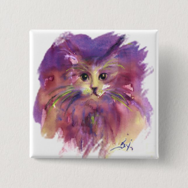 BADGE CARRÉ 5 CM CHATON VIOLET, PORTRAIT DE CHAT (Devant)