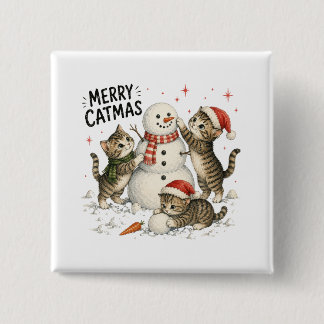 Badge Carré 5 Cm Chatons de Noël construisant un bonhomme de neige