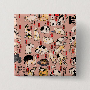 Badge Carré 5 Cm Chats japonais sur bois ukiyo-e Vintage Kitty