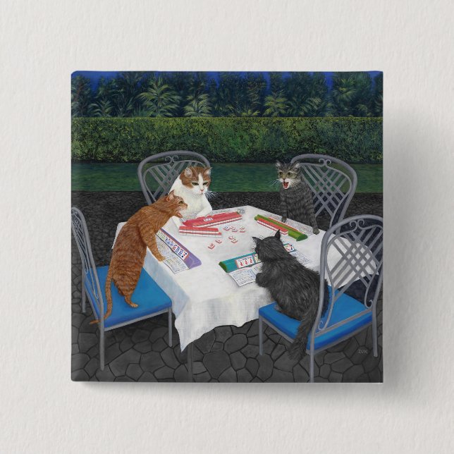 Badge Carré 5 Cm Chats jouant au Mahjong (Devant)