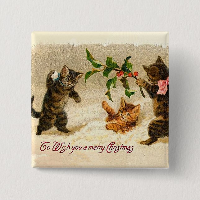 Badge Carré 5 Cm Chats jouant dans la neige Vintage Noël (Devant)