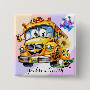 Badge Carré 5 Cm Chauffeur de Bus Scolaire Dessin Animé Restez en S