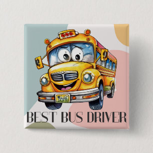 Badge Carré 5 Cm Chauffeur de Bus Scolaire Jaune Dessin Animé Adora