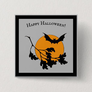 Badge Carré 5 Cm Chauve-souris vintage d'Halloween orange lune