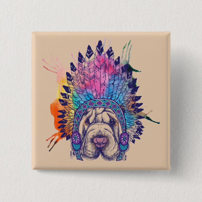 Badge Carré 5 Cm Chef indien indigène de Sharpei (Devant)