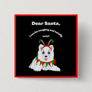 Badge Carré 5 Cm Cher Père Noël, Elfe Samoyède vilain mais mignon