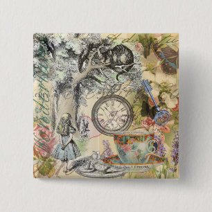 Badge Carré 5 Cm Cheshire Chat Alice Wonderland Classic