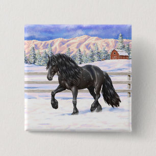 Badge Carré 5 Cm Cheval Noir Friésien En Neige