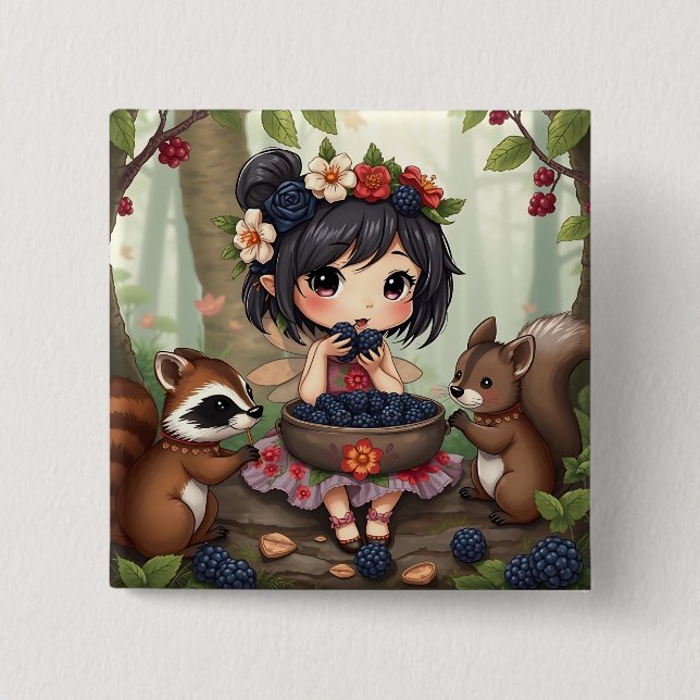 Badge Carré 5 Cm Chibi Fairy Eating Blackberries with Forest Friend (Devant)