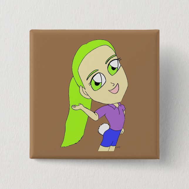 Badge Carré 5 Cm chibi fille avec un bouton queue lapin (Devant)