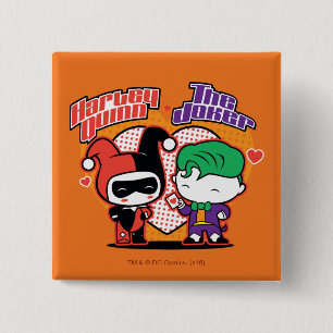 Badge Carré 5 Cm Chibi Harley Quinn et Chibi Coeurs joker