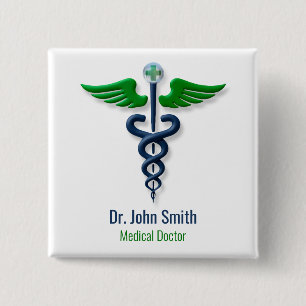 Badge Carré 5 Cm Chic Médicale Caduceus Green Blue Wings Cross