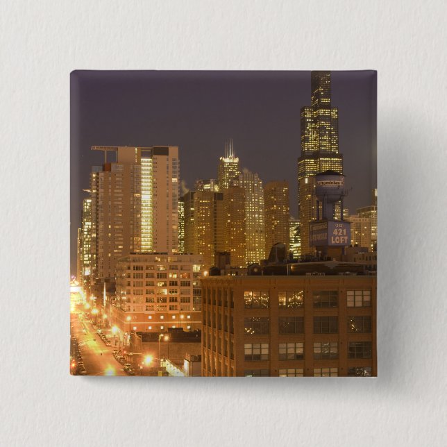 Badge Carré 5 Cm Chicago, Illinois, Skyline depuis West Loop à (Devant)
