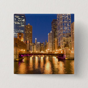Badge Carré 5 Cm Chicago, Illinois, Skyline et rivière Chicago à