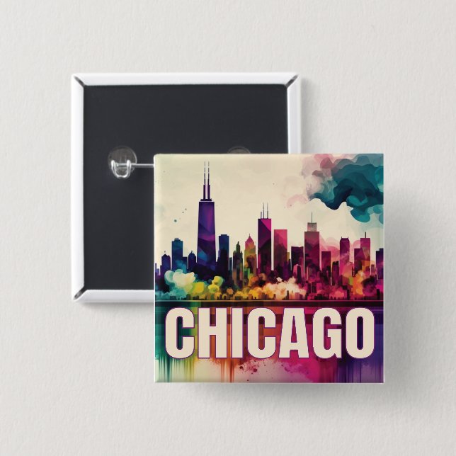 Badge Carré 5 Cm Chicago Skyline (Devant & derrière)