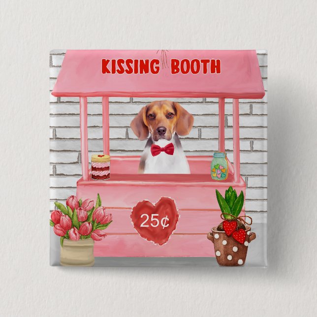Badge Carré 5 Cm Chien beagle Valentine's Day Kissing Booth (Devant)