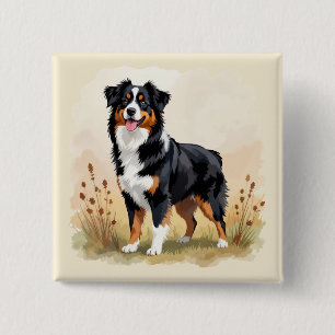 Badge Carré 5 Cm Chien Berger Australien Tricolore Noir Aussie