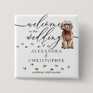 Badge Carré 5 Cm Chien Cavapoo marron Bienvenue au mariage mignon