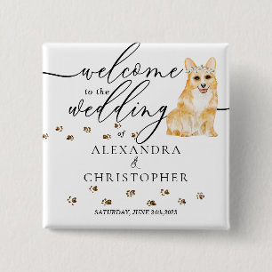 Badge Carré 5 Cm Chien Corgi Bienvenue au mariage mignon