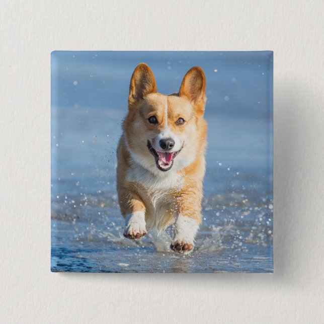 Badge Carré 5 Cm Chien de corgi de Gallois de Pembroke fonctionnant (Devant)