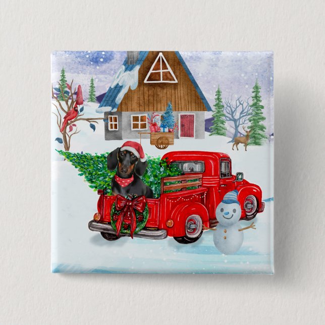 Badge Carré 5 Cm Chien de Dachshund en livraison de Noël Camion Nei (Devant)