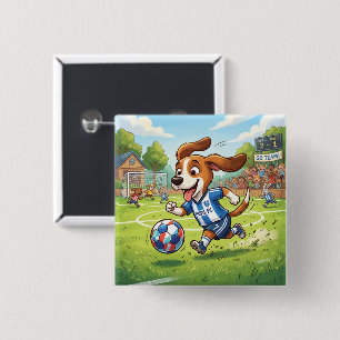 Badge Carré 5 Cm Chien de dessin animé jouant au football