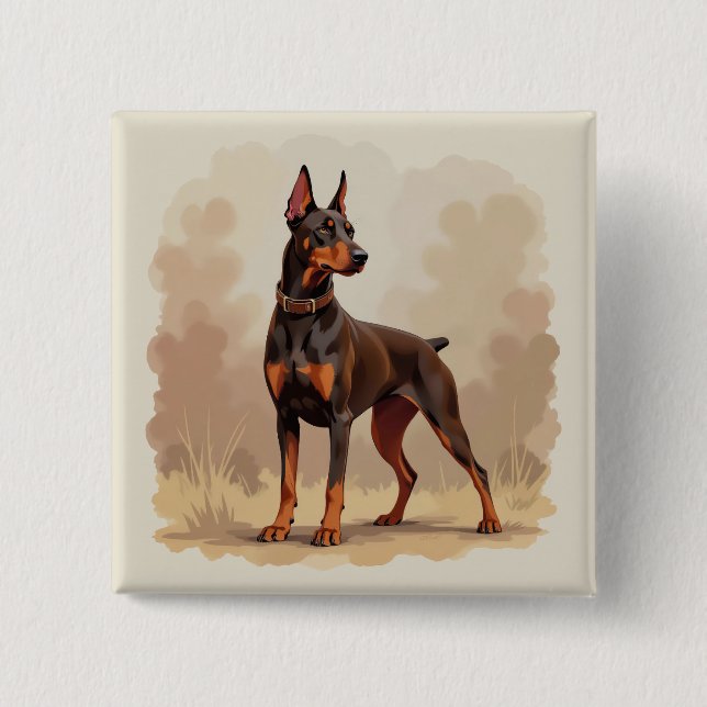 Badge Carré 5 Cm Chien Doberman Pinscher Brun Rouille Rouge (Devant)
