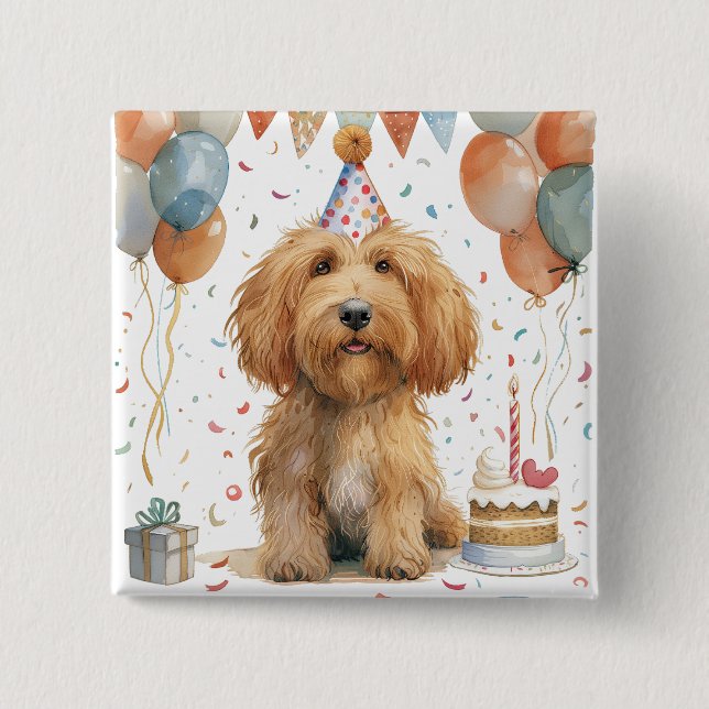 Badge Carré 5 Cm Chien Goldendoodle d'anniversaire (Devant)