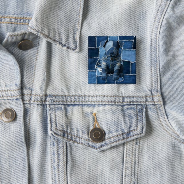 Badge Carré 5 Cm Chien Patchwork Art Denim (En situation)