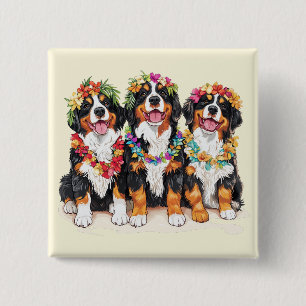Badge Carré 5 Cm Chiens de montagne bernois hawaïens Lei de fleurs