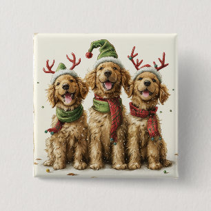 Badge Carré 5 Cm Chiens de Noël Golden Retriever