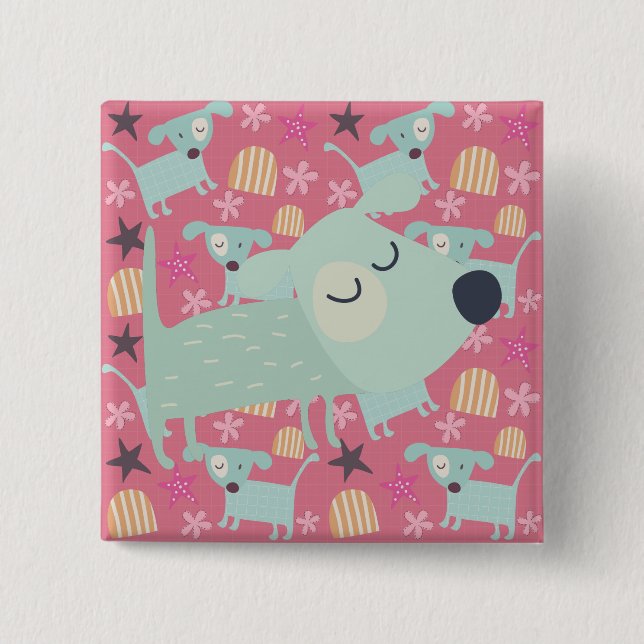 Badge Carré 5 Cm Chiens, étoiles et fleurs (Devant)