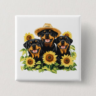 Badge Carré 5 Cm Chiens Rottweiler Entourés De Tournesols