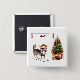 Badge Carré 5 Cm Chihuahua à poil long drôle Noël Arbre de chien