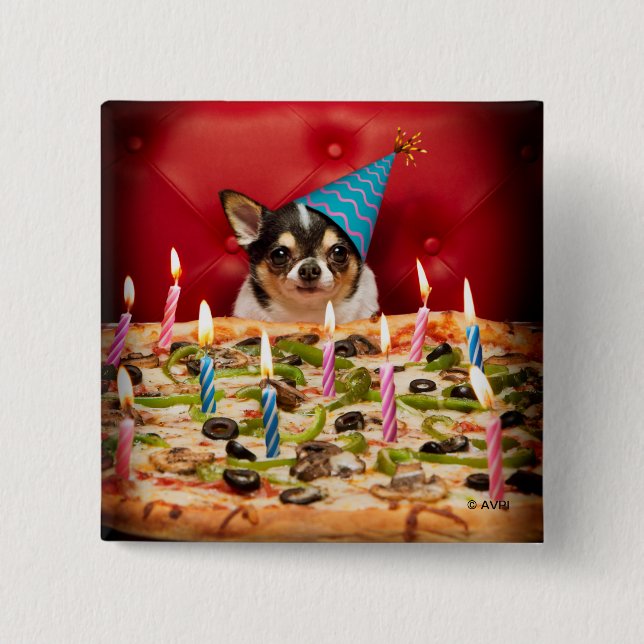Badge Carré 5 Cm Chihuahua Anniversaire Pizza Pie (Devant)