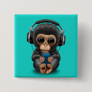 Badge Carré 5 Cm Chimpanzé de bébé avec les écouteurs et le