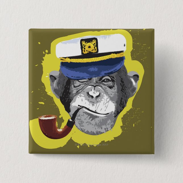 Badge Carré 5 Cm Chimpanzé Fumer Pipe (Devant)