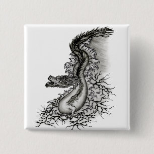 Badge Carré 5 Cm Chine Dragon, noir et blanc Design en Tattoostyl