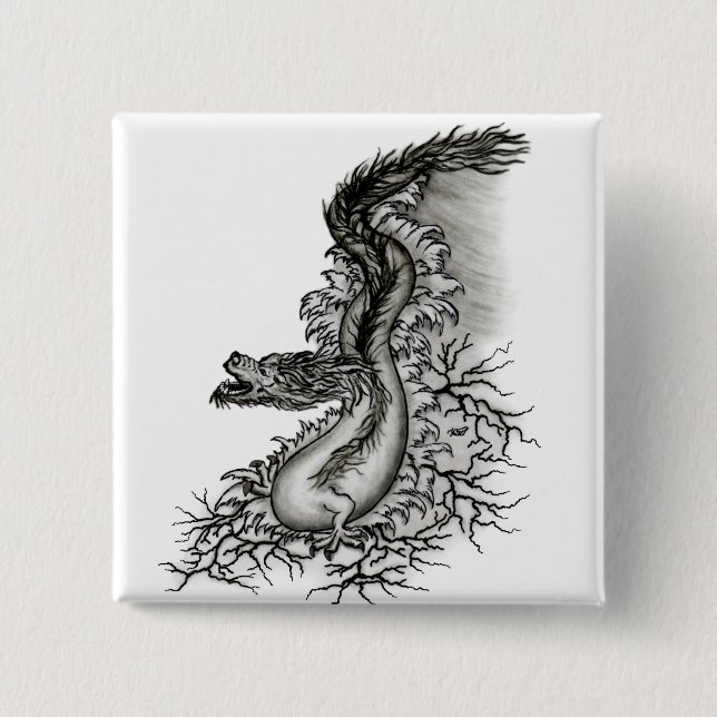 Badge Carré 5 Cm Chine Dragon, noir et blanc Design en Tattoostyl (Devant)